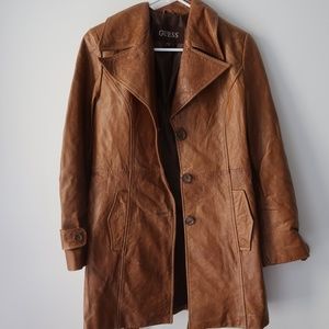 Vintage Guess Brown Leather Jacket/Trench Size M